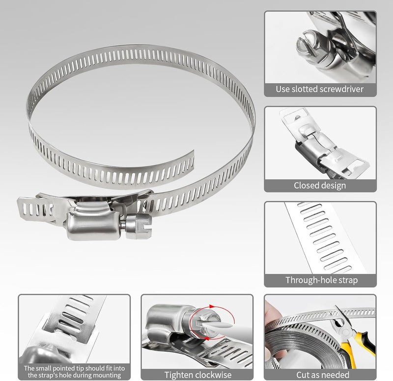 WSWECCL Hose Clamps 20FT Strap+20 Fasteners,DIY Cut-To-Fit 304 Stainless Steel Adjustable Large Worm Gear Band Clamp Assortment Kit,Metal Screw Fasteners and Strapping for Pipe,Duct,Pole,Tube - Image 4